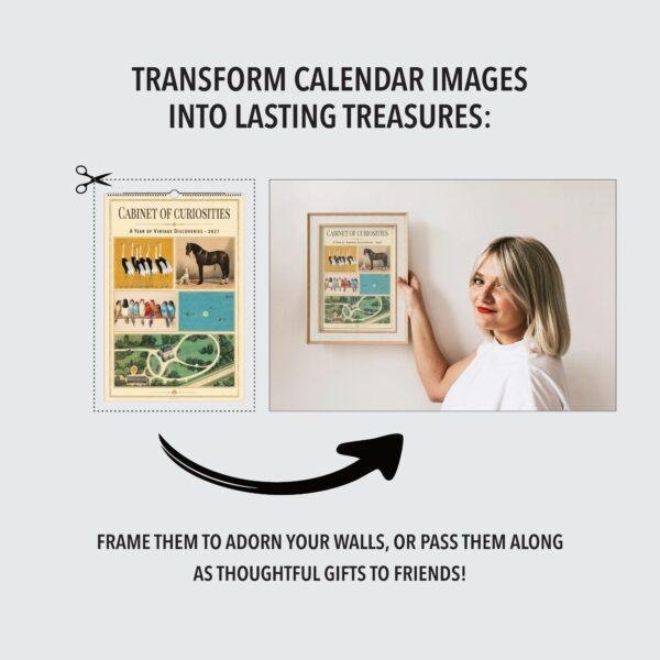 Woman framing Cabinet of Curiosities calendar page as wall art