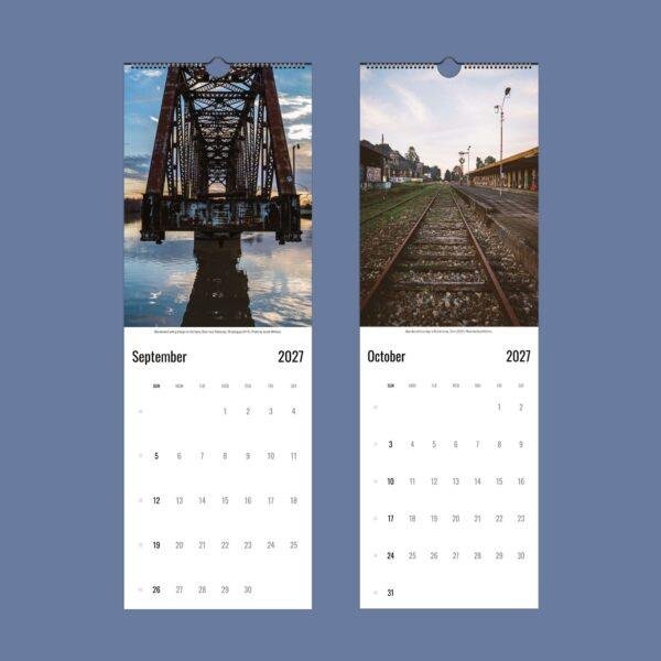 2027 wall calendar showing September and October abandoned railroad scenes