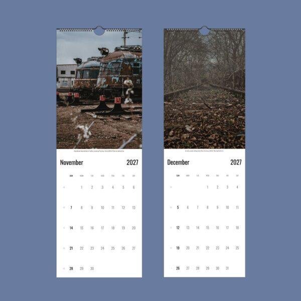 2027 wall calendar showing abandoned trains and railway tracks