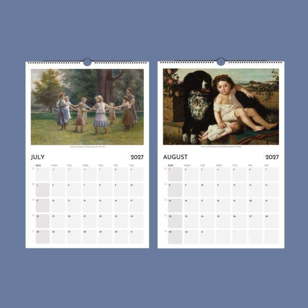 2027 wall calendar showing July and August with classic paintings