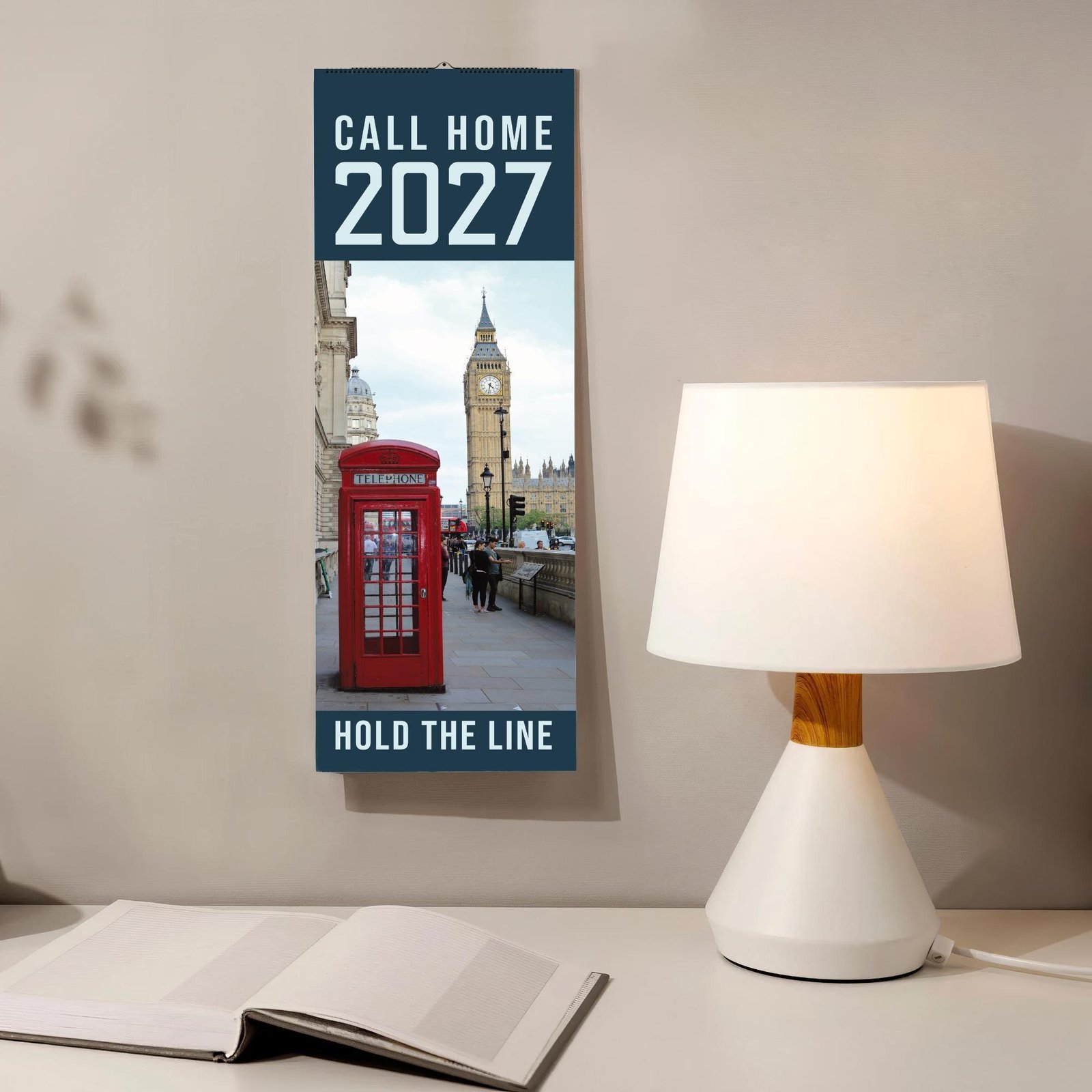 2027 London-themed wall calendar with Big Ben and red phone booth