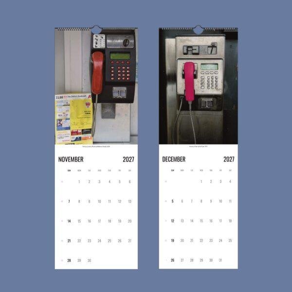 2027 wall calendar featuring vintage public payphones from Europe
