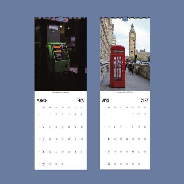 2027 wall calendar featuring Japanese payphone and London telephone box
