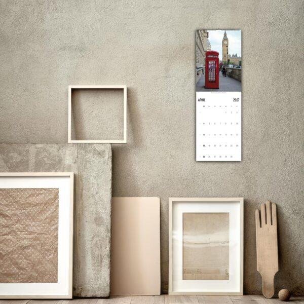 April 2027 London calendar hanging on textured wall