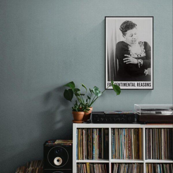 Framed jazz singer poster above vinyl record shelf