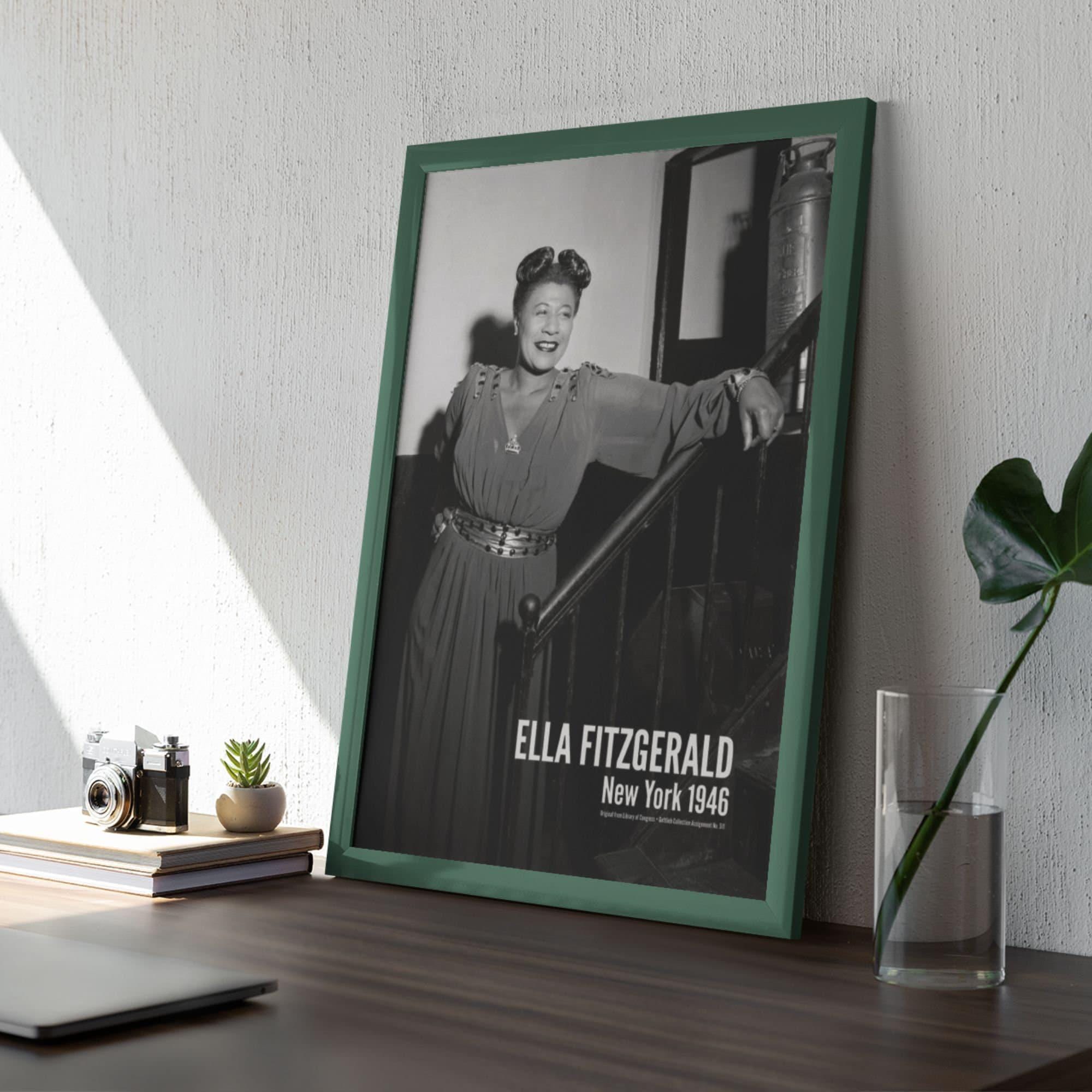 Framed Ella Fitzgerald 1946 New York poster on desk