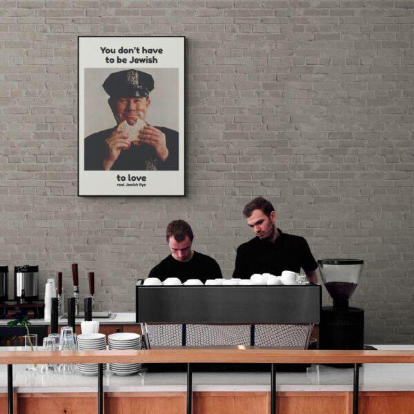 Vintage rye bread poster above café coffee bar