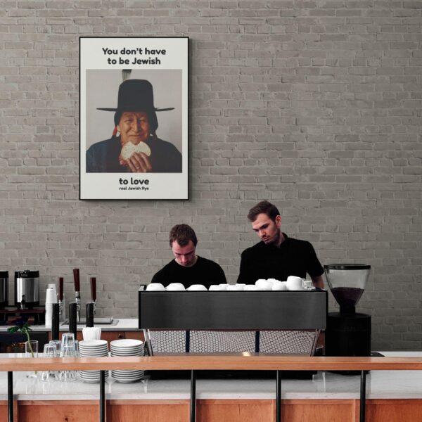 Vintage rye bread ad poster above coffee shop counter