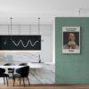 Modern kitchen with marble island and vintage rye bread poster